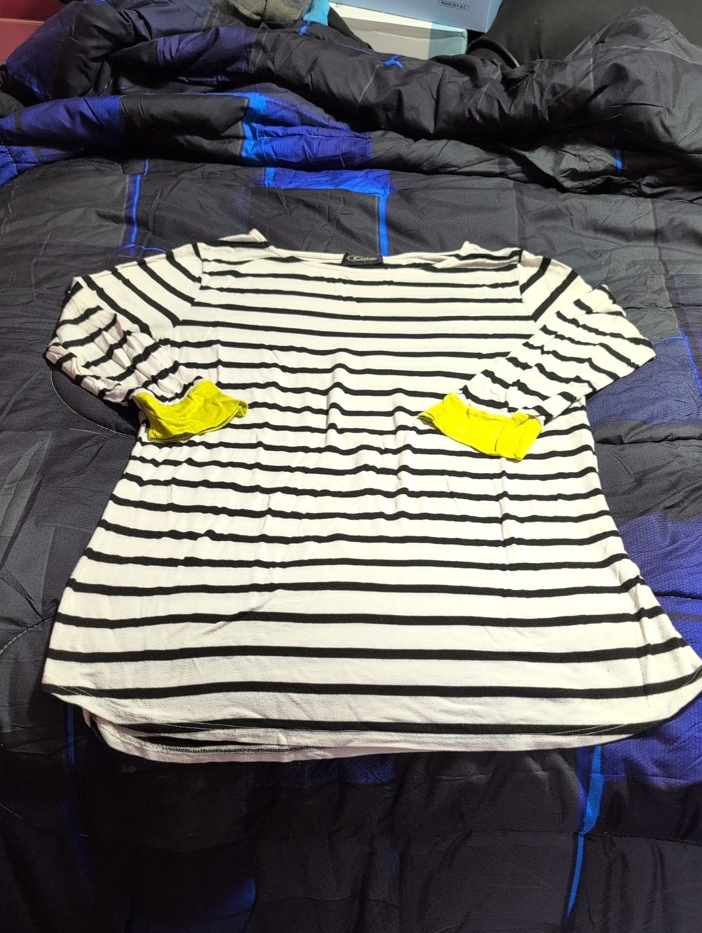 Striped Boatneck Long-Sleeve Top with Yellow Cuff Detail